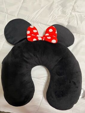 Plush Black Minnie Mouse-Style Travel Neck Pillow with Red Polka Dot Bow